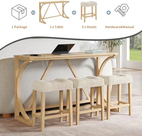59" Dining Bar Table Set with Power Outlet, Behind Couch Sofa Table with...
