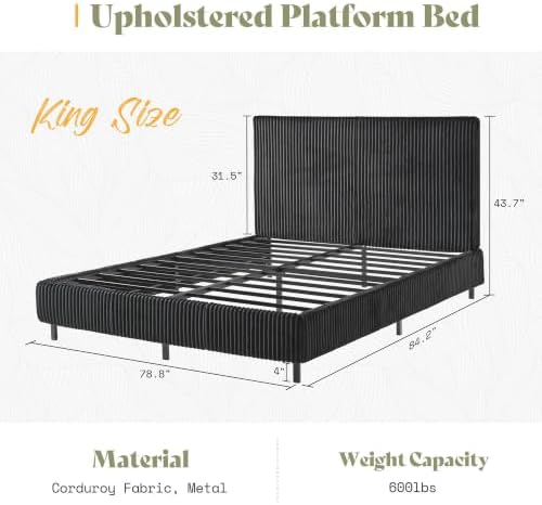 AMERLIFE King Bed Frame, Upholstered Metal Platform Bed, Black