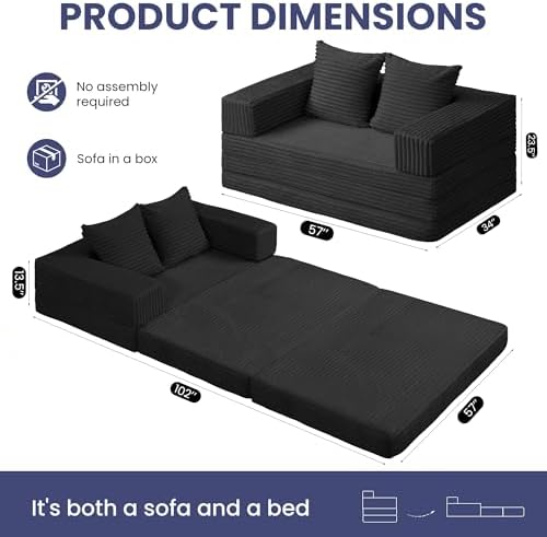 Convertible Sofa Bed, 4-in-1 Loveseat with Removable Armrests Backrest, Cordu...