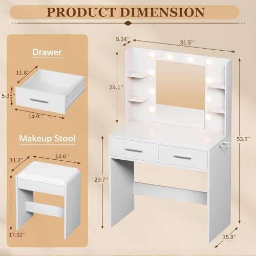 Furmax Makeup Vanity Desk with Mirror and Power Outlet, White | 3 Color Light...