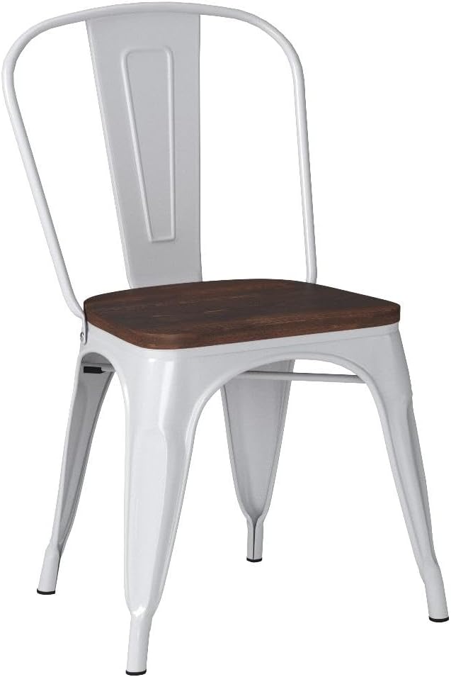 COSTWAY Stackable Metal Dining Chairs Set of 4 with Wood Seat and High Back | White, Industrial Vintage Style, Elm Wood Seat Board, 18 Inch, for Dining Room, Kitchen, Bar, Cafe, Bistro, Restaurant