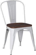 COSTWAY Stackable Metal Dining Chairs Set of 4 with Wood Seat and High Back | White, Industrial Vintage Style, Elm Wood Seat Board, 18 Inch, for Dining Room, Kitchen, Bar, Cafe, Bistro, Restaurant