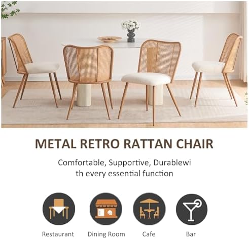 Rattan Dining Chairs Set of 4,Modern Chairs with Cane Back Upholstered Boucle...