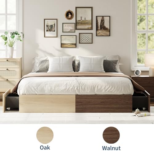GarveeHome Wood Platform Bed Frame, Queen Bed Frame with 2 Drawers