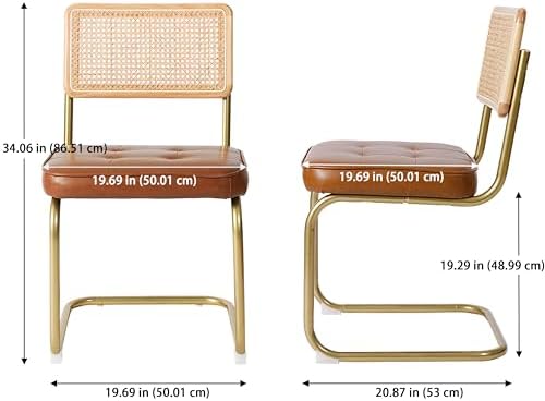 CangLong Natural Rattan Dining Chairs Set of 2, Upholstered Faux Leather Kitc...