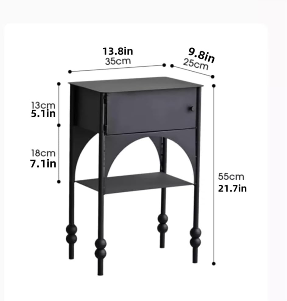 Black Side Table with Drawer, Wrought Iron Nightstand, 2-Tier End Table, Narr...