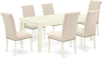 East West Furniture LGBR7-LWH-02 7 Piece Dining Table Set Consist of a Rectangle Dinner Table with Butterfly Leaf and 6 Light Beige Linen Fabric Parson Chairs, 42x84 Inch, Linen White
