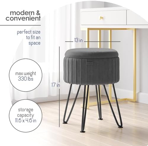 Round Ottoman with Storage, Pleated Velvet Storage Ottoman, Foot Stool Ottoma...
