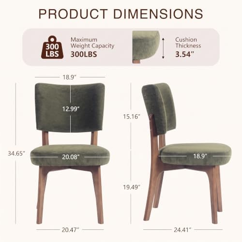 YOUNIKE Wooden Dining Chair, Chenille Fabric Upholstered Dining Room Chair Kitchen Side Chair, Farmhouse Dinner Chair with Solid Wood Legs for Kitchen Dining Vanity, Green (Single Pack)