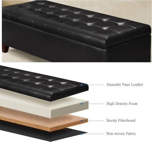 Black Ottoman with Storage Faux Leather Storage Ottoman Bench | 51 Inch Uphol...