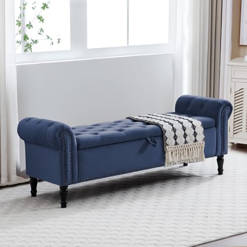 67'' End of Bed Storage Bench King Size, Storage Bench for Bedroom End of Bed, Upholstered Velvet Tufted Storage Ottoman Benches with Arms for Living Room, Entryway, Dark Blue