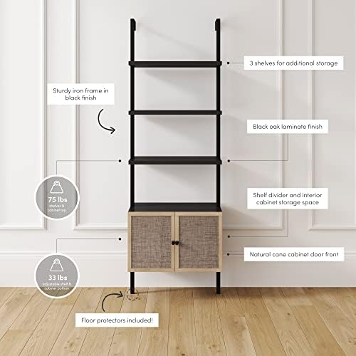 Nathan James Theo Modern Bookcase with Rattan Cabinet in Matte Black and Ligh...