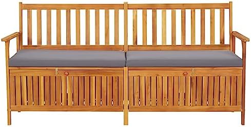 67 Inch Outdoor Storage Bench, Solid Acacia Wood Garden Bench with Thick Cush...