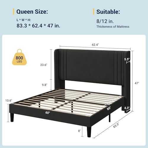 Allewie Queen Size Velvet Platform Bed Frame, Tall Wingback Headboard, Black