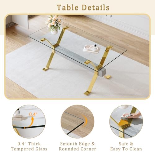 71" Glass Dining Table Set for 6｜Modern Dining Table Set for 6 with Faux...