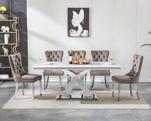 7 Piece Dining Table Set with Chairs, Faux Marble Dining Table and Gray Chair...