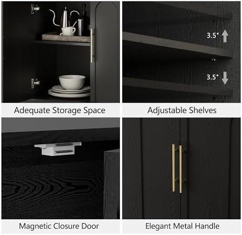 FORTUNETEC 67" Sideboard Buffet Cabinet with Storage, Arched Doors, Black