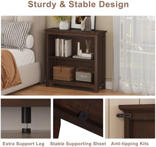 BON AUGURE Wooden Bookshelf, 2-Tier Curved Edge Bookcase, Brown Cherry