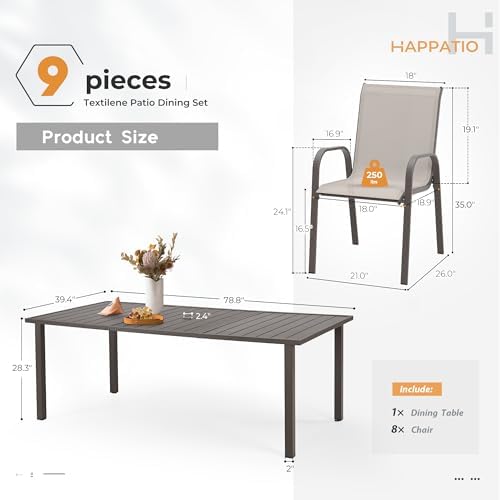 HAPPATIO Outdoor Patio Dining Set, 8 Quick Dry Textilene Dining Chairs and Di...