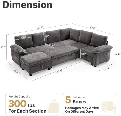 109" Sectional Sleeper 7 Sest Modular Couch Pull-Out Storage Sofa Bed | ...