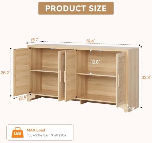 GarveeHome 4-Door Sideboard Buffet Cabinet, Natural Rattan Storage Cabinet, B...
