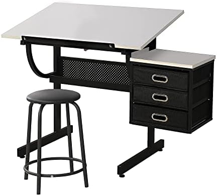 Drafting Table for Artists/Adults, Art Desk w/Stool and 3 Drawers, Adjustable...