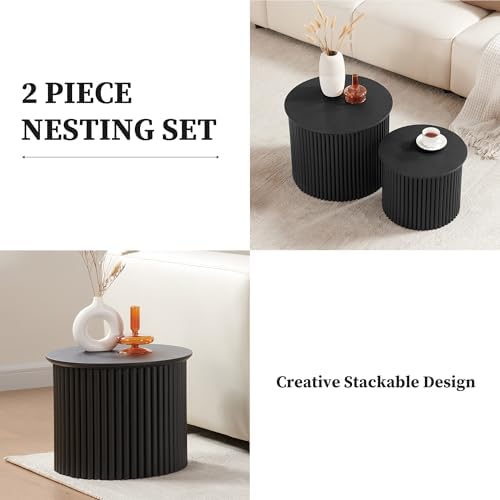 Small Fluted Round Nesting Coffee Table Set of 2, Mid Century Modern Coffee T...