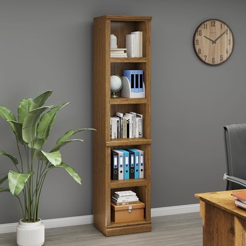 70" Tall Vintage Oak Bookcase, 5 Tiers Narrow Bookshelf for Living Room