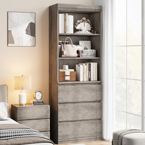 IDEALHOUSE 70" Tall Bookcase with Drawers, Open Book Shelves Library Boo...