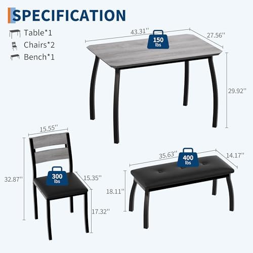 IDEALHOUSE 43'' Dining Table Set for 4, Wooden Kitchen Table with Uph...