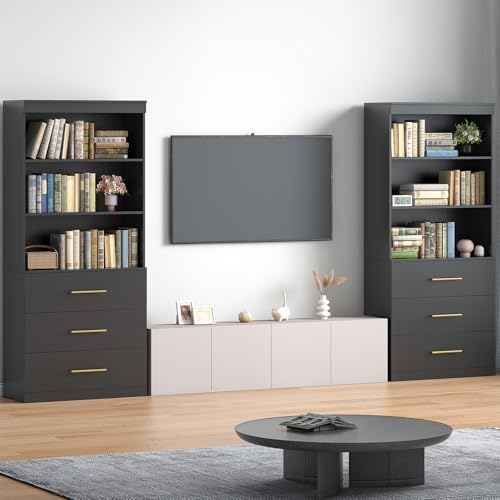 Winkalon 71" Tall Black Bookshelf with Drawers, Bookcase and Bookshelf w...