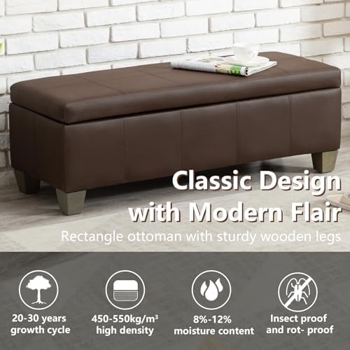 51 Inch Storage Ottoman, Storage Bench with Safety Hinge, Upholstered Synthet...