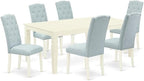 East West Furniture LGCE7-LWH-15 7 Piece Modern Dining Table Set Consist of a Rectangle Wooden Table with Butterfly Leaf and 6 Baby Blue Linen Fabric Parson Chairs, 42x84 Inch, Linen White