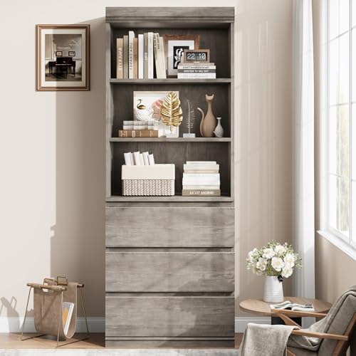 IDEALHOUSE 70" Tall Bookcase with Drawers, Open Book Shelves Library Boo...