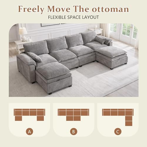 130" Modular Sectional Sofa with Storage, Premium Chenille Cloud Couch w...