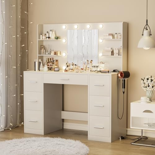 Furmax Vanity Desk with LED Mirror,Power Outlet,7 Drawers Makeup Table | LED ...