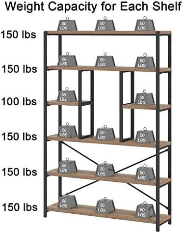 LVB 6 Tier Industrial Bookshelf for Bedroom Living Room Office, Rustic Oak