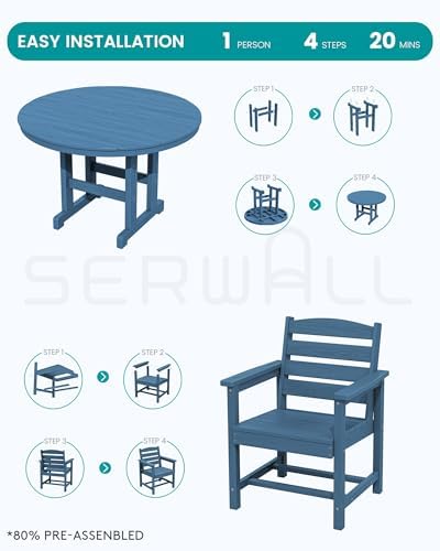 SERWALL 5-Piece Patio Round Dining Set, 45" Table, 4 Chairs, Navy