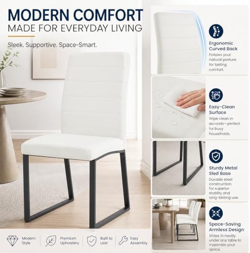 Modern Dining Chairs Set of 4, White Faux Leather Kitchen Chairs, Upholstered Armless Dining Room Chair with Black Mental Legs Heavy Duty, Comfortable (White Chairs, Set of 4)