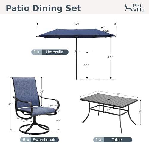PHI VILLA Outdoor Dining Set with Umbrella for 6, Swivel Mesh Chairs