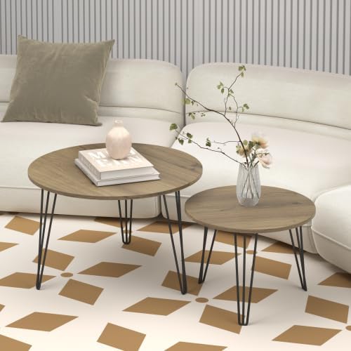 Round Nesting Coffee Tables Set of 2, Marble Grain Top Modern Side Tables | M...