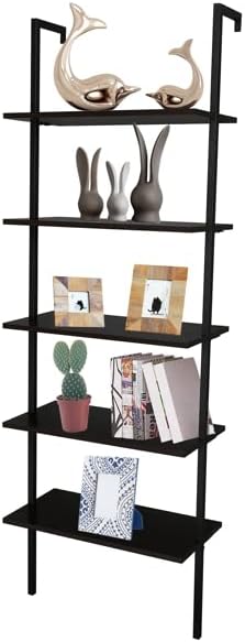 5-Tier Wall-Mounted Ladder Bookshelf Black Metal Frame | MDF Shelves, Industrial Style, 60x30x180 cm, Open Design, Living Room & Office