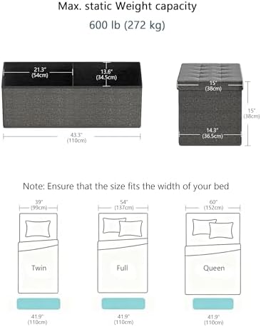 GLAXYFUR 43 Inches Folding Storage Ottoman Bench, Storage Chest, Grey
