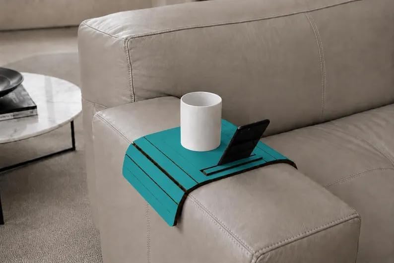 Turquoise Sofa Armrest Tray Table, Foldable Wood Snack Holder with Phone Slot...
