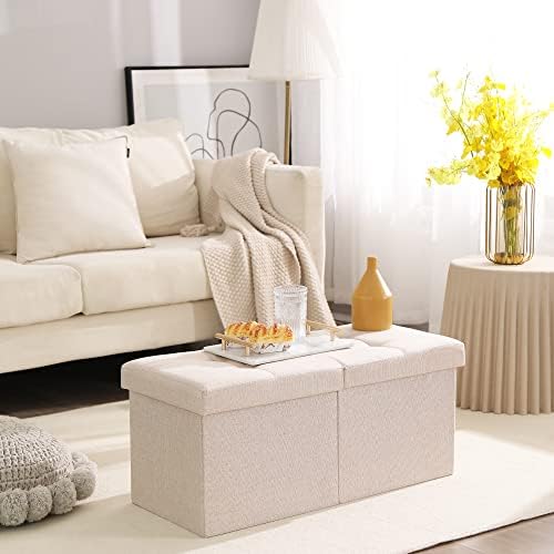 Storage Ottoman Bench Foldable Footrest Foot Stool, 30" Fabric Cream | S...