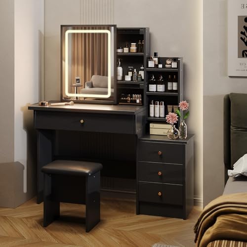 Black Vanity Desk with Sliding Mirror and Lights, Makeup Desk with Chair