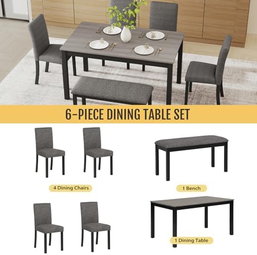Zevemomo 6-Piece Solid Wood Dining Table Set, Wooden Legs, Dark Grey