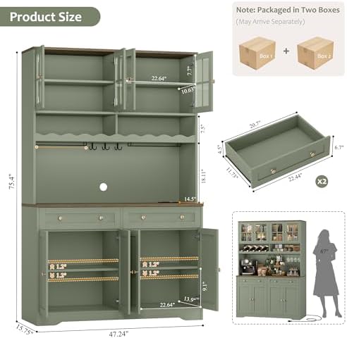 HOSTACK 75" Kitchen Pantry Storage Cabinet, Coffee Bar Hutch Cabinet, Green