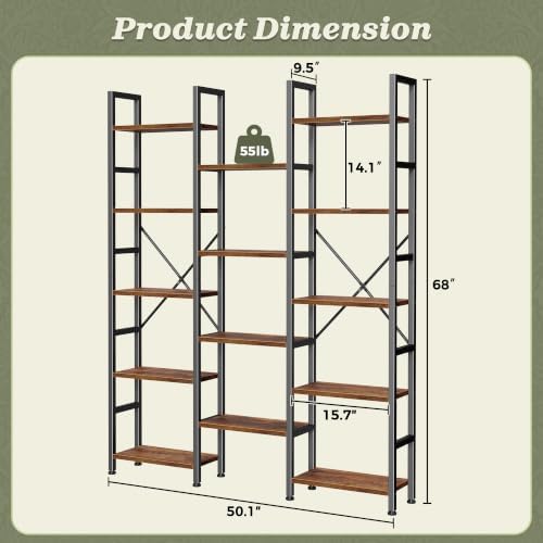 Huuger 5 Tier Bookshelf, 68'' Tall Bookcase, 14 Open Shelves, Rustic ...