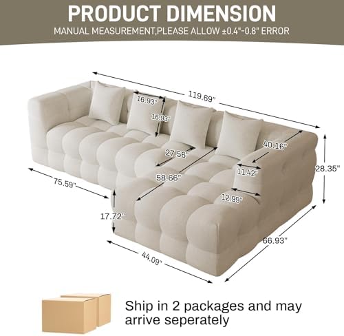 120" Oversized Modular Sectional Couch,Cloud Sectional Sofa with Deep Seat, Modern Modular Couch with 4 Throw Pillows,L-Shaped Chenille Sofa Couches with Right Facing Chaise for Living Room, Beige